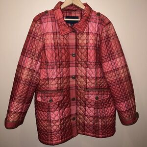 Lands' End Jacket Womens XL 18 Red Orange Plaid Quilted Barn Coat Insulated